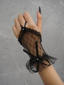 Party 1pair Women Rhinestone & Bow Decor Fashionable Fingerless Gloves For Daily Life Halloween Valentine's Day Valentines