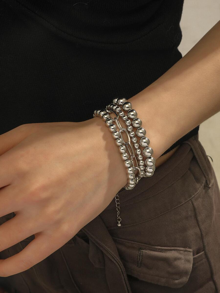 4入组/套龐克珠子裝飾手鏈套裝用於女士/男士適用於日常首飾配件 - 銀色 - 查看 1