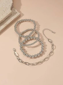 4入组/套龐克珠子裝飾手鏈套裝用於女士/男士適用於日常首飾配件 - 銀色 - 查看 5