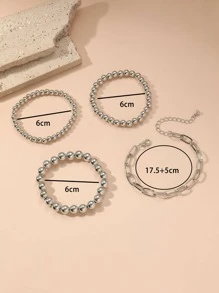 4入组/套龐克珠子裝飾手鏈套裝用於女士/男士適用於日常首飾配件 - 銀色 - 查看 6