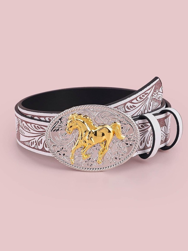 Women Flower Detail Horse Decor Oval Buckle Fashionable Belt For Daily Decoration