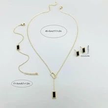 4入組女款時尚珠寶套裝，配有鋼化石矩形黑貝殼不銹鋼項鍊、手鍊、耳環 - 波西米亞風格度假风格，適合於生日、聖誕節、新年和其他節日 - 金黃色 - 查看 5