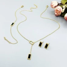 4入組女款時尚珠寶套裝，配有鋼化石矩形黑貝殼不銹鋼項鍊、手鍊、耳環 - 波西米亞風格度假风格，適合於生日、聖誕節、新年和其他節日 - 金黃色 - 查看 2