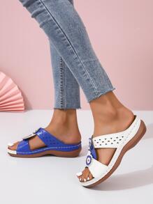 時尚涼鞋適用於女士撞色鏤空坡跟涼鞋 - 藍色 - 查看 2