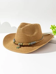 1入組女士海星和珠子裝飾牛仔草編帽適合夏天 - 卡其色 - 查看 3