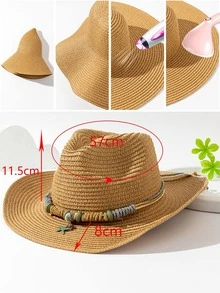 1入組女士海星和珠子裝飾牛仔草編帽適合夏天 - 卡其色 - 查看 4