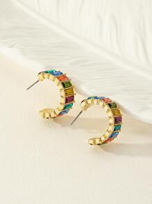 1pair Exquisite Colorful Geometric Rhinestone C Shape Hoop Earrings For Women For Daily Decoration Commuting