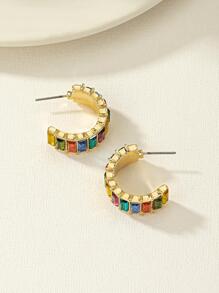 1pair Exquisite Colorful Geometric Rhinestone C Shape Hoop Earrings For Women For Daily Decoration Commuting