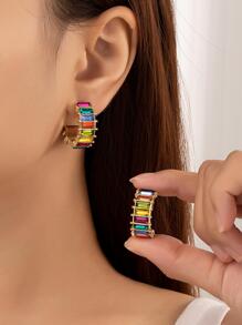 1pair Exquisite Colorful Geometric Rhinestone C Shape Hoop Earrings For Women For Daily Decoration Commuting