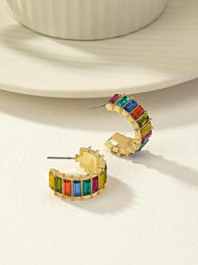 1pair Exquisite Colorful Geometric Rhinestone C Shape Hoop Earrings For Women For Daily Decoration Commuting