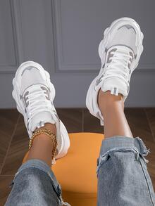 女士撞色透氣前綁帶粗運動戶外運動鞋