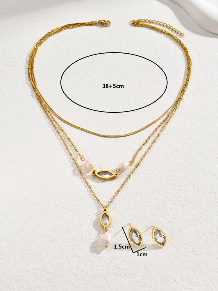 3pcs/Set Elegant Cultured Faux Pearl Cubic Zirconia Necklace Set For Women For Daily Decoration Commuting - Yellow Gold - View 4