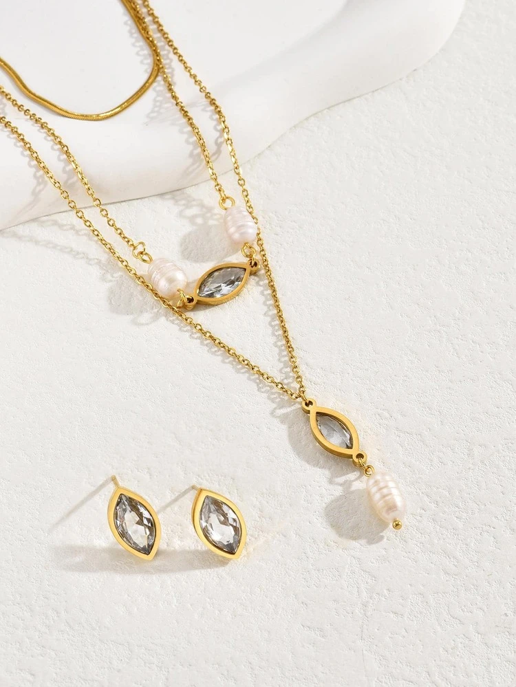 3pcs/Set Elegant Cultured Faux Pearl Cubic Zirconia Necklace Set For Women For Daily Decoration Commuting - Yellow Gold - View 3