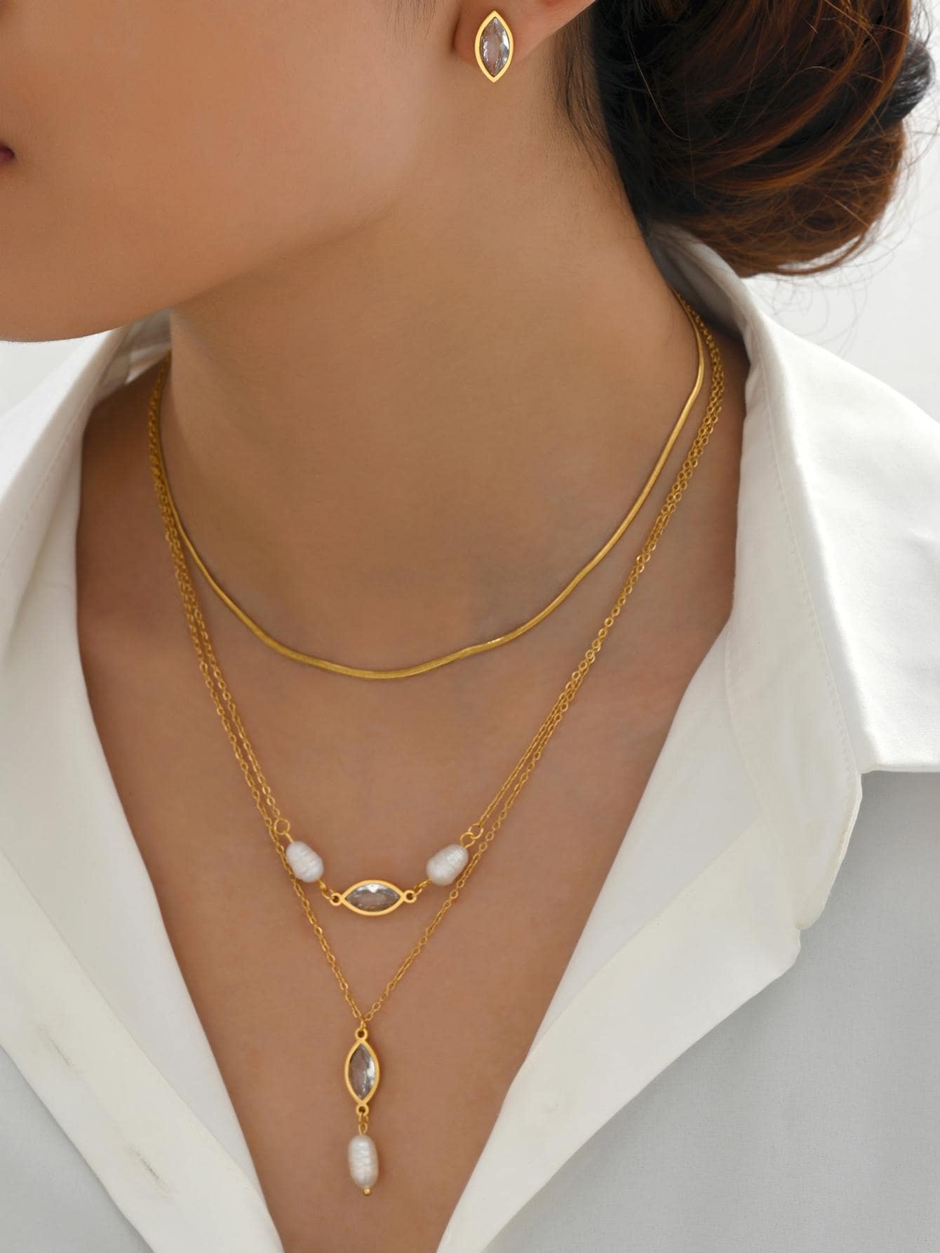 3pcs/Set Elegant Cultured Faux Pearl Cubic Zirconia Necklace Set For Women For Daily Decoration Commuting - Yellow Gold - View 5
