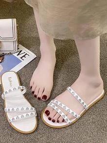 Women Multi Stripe Slide Sandals, Fashion Summer Flat Sandals - White - View 4