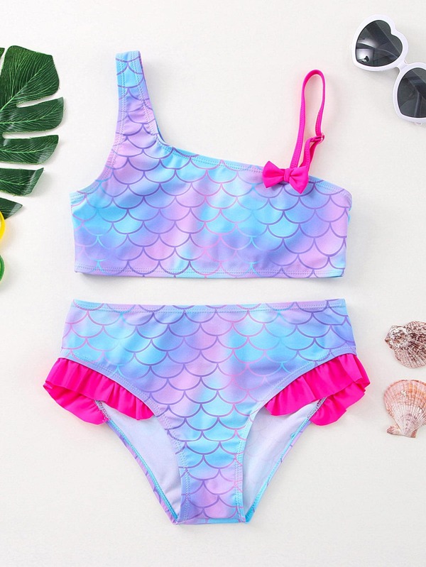 Ensemble de bikini avec volants à motif d'écailles de poisson pour jeune fille, pour l'été à la plage