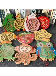 1入組動物木製迷宮拼圖互動迷宮筆驅動珠迷宮棋盤遊戲教育手作玩具 - 亮橙色 - 查看 4