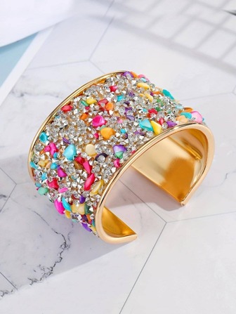 1pc Metal Bangle Bracelet With Embedded Stones And Rhinestones, Lightweight And Personalized, Adjustable Opening