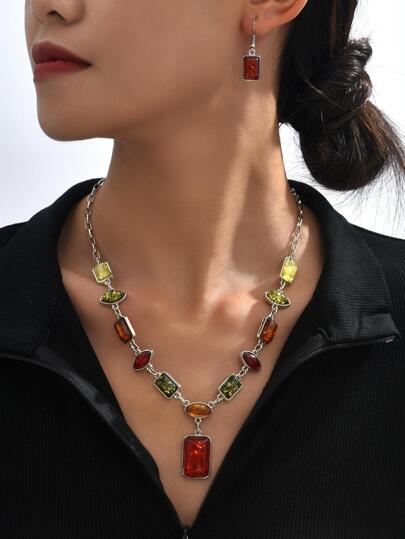 3入組/套時尚彩色幾何水鑽耳環和項鏈套裝適合女士適合春天夏天度假裝飾用品