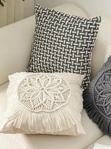 1入組無填充物編織靠墊套家居簡約帆布枕套 - 米色 - 查看 3