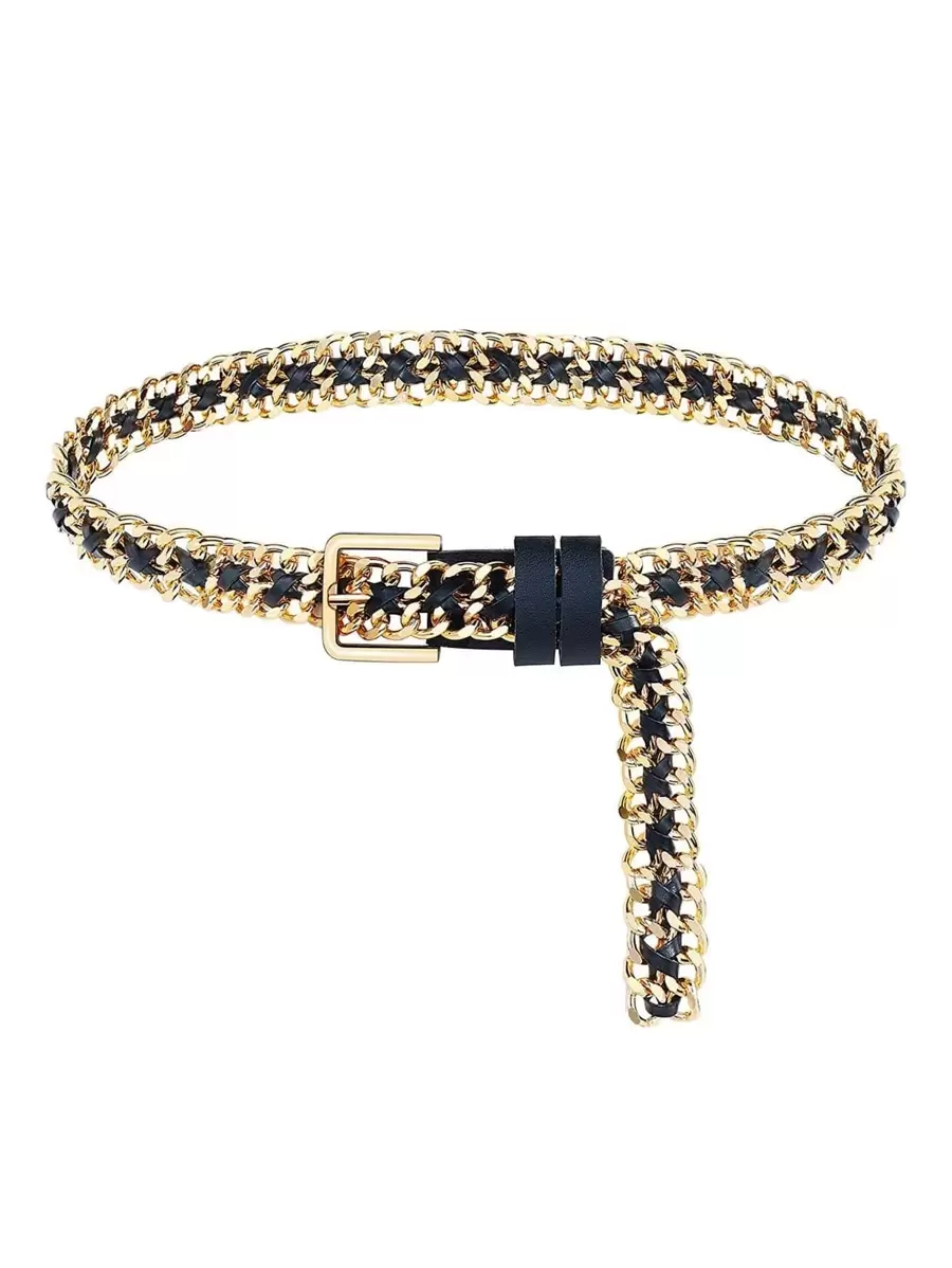 Elegant 1pc Women Braided Detail Square Buckle Fashionable Belt For Daily Life Halloween Summer, School Fall, Autumn, Halloween - Gold - View 1
