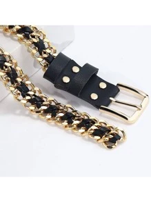 Elegant 1pc Women Braided Detail Square Buckle Fashionable Belt For Daily Life Halloween Summer, School Fall, Autumn, Halloween - Gold - View 3