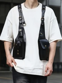 鑲釘裝飾胸包素色可調節肩帶，腰包腰包背心包運動包高中生大學新生旅行、學院、戶外、通勤 - 黑色 - 查看 3