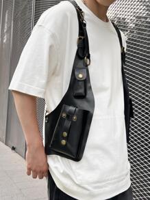 鑲釘裝飾胸包素色可調節肩帶，腰包腰包背心包運動包高中生大學新生旅行、學院、戶外、通勤 - 黑色 - 查看 6