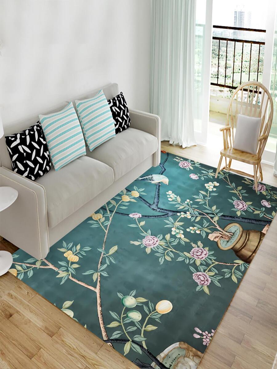 1pc Flower Pattern Rug, Modern Flower & Branch Print Floor Rug For Living Room And Bedroom - Multicolor - View 1
