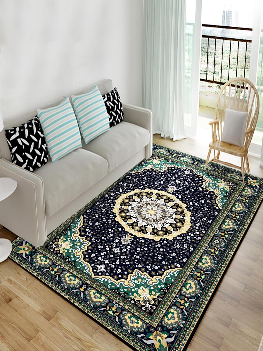1pc Mandala Pattern Rug, Boho Geometric Flower Pattern Floor Rug For Living Room And Bedroom - Multicolor - View 1