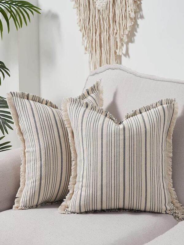 1入組無填充物條紋圖案流蘇裝飾靠墊套波西米亞風流蘇裝飾設計床、沙發裝飾靠墊套