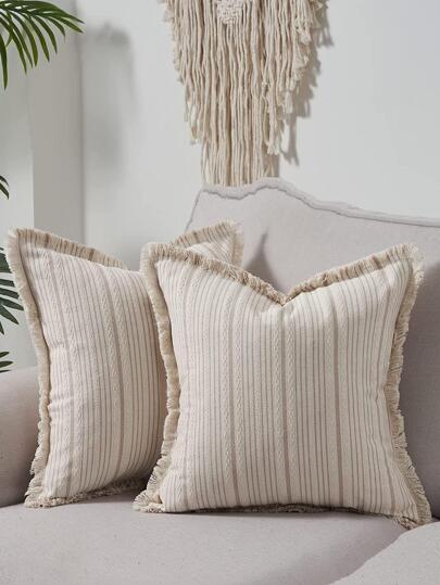 1入組無填充物條紋圖案流蘇裝飾靠墊套波西米亞風流蘇裝飾設計床、沙發裝飾靠墊套