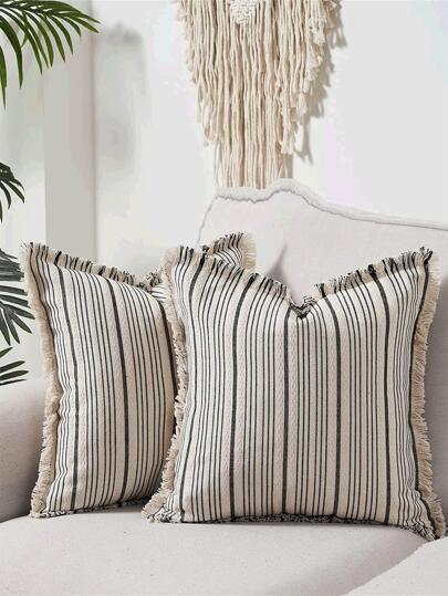 1入組無填充物條紋圖案流蘇裝飾靠墊套波西米亞風流蘇裝飾設計床、沙發裝飾靠墊套