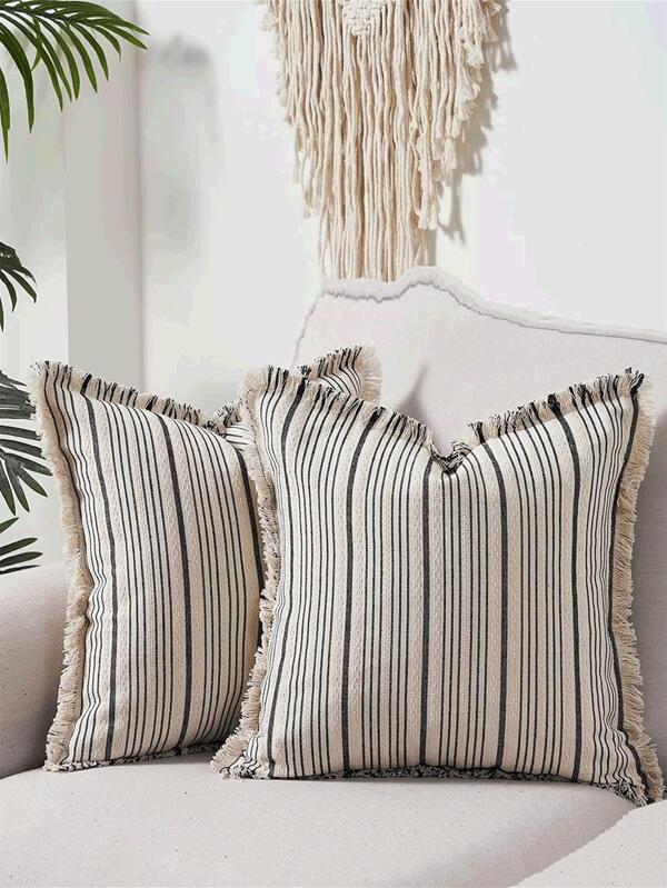 1pc Striped Pattern Tassel Decor Cushion Cover Without Filler, Boho Tassel Trim Design Decorative Cushion Cover For Bed, Sofa