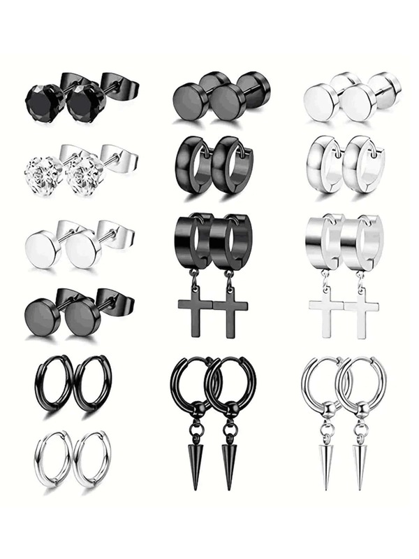 14pairs/set Punk Black and White Cross Rivet Stud & Hoop Earrings Set