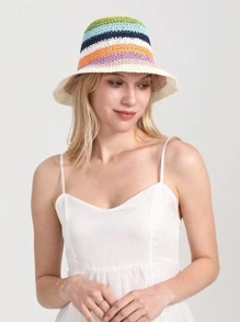 1pc Women Color Block Striped Pattern Sun Protection Boho Straw Hat For Outdoor - Multicolor - View 2