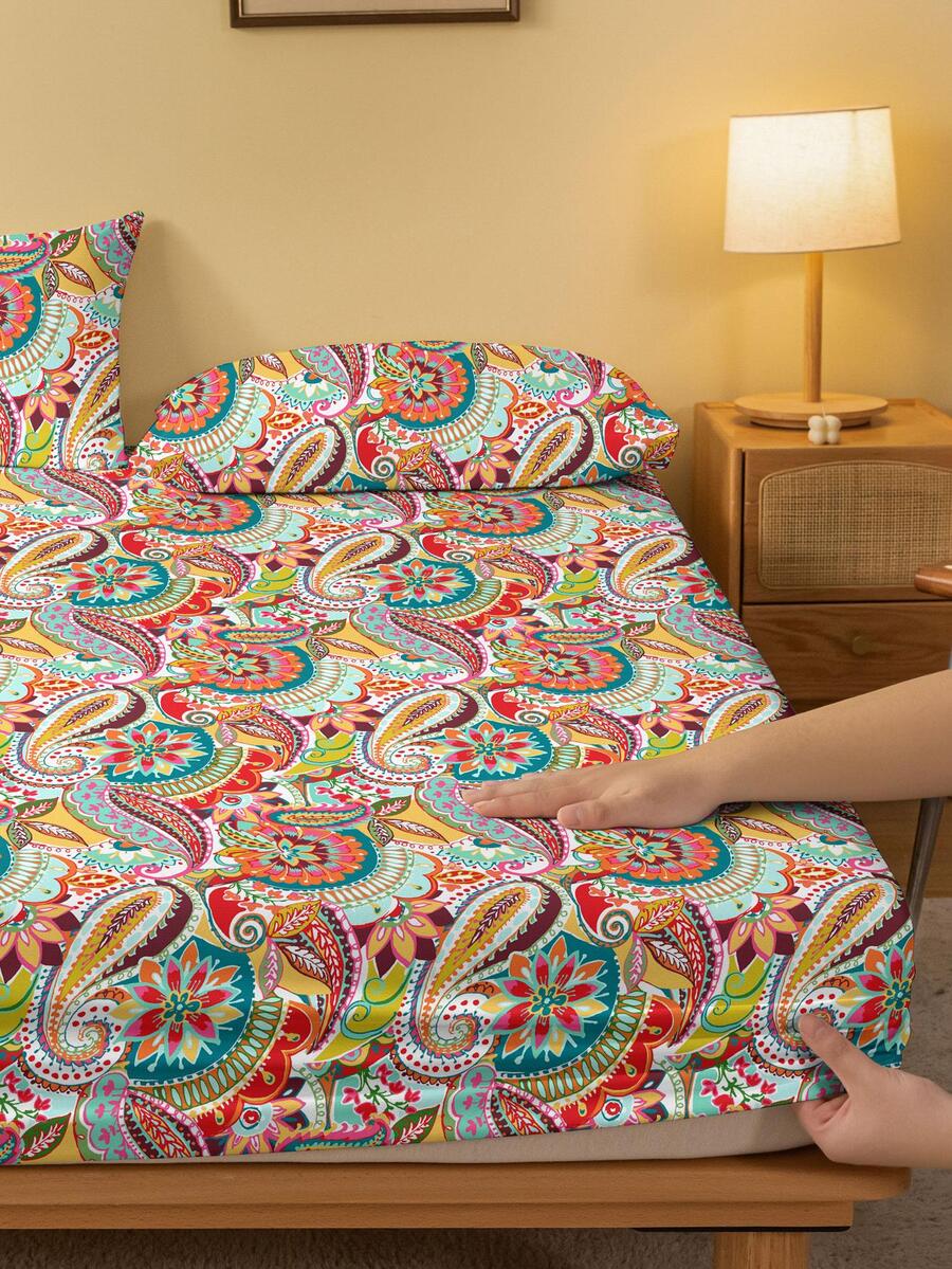 1pc Mandala Pattern Fitted Sheet, Boho Geometric Pattern Bedding Fitted Sheet For Bedroom - Multicolor - View 1