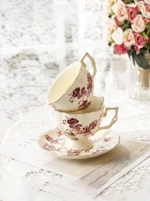 chenguang 1pc Flower Pattern Tea Cup & 1pc Tray, Modern Flower & Branch Print Tea Cup & Coaster For Home - Multicolor - View 6