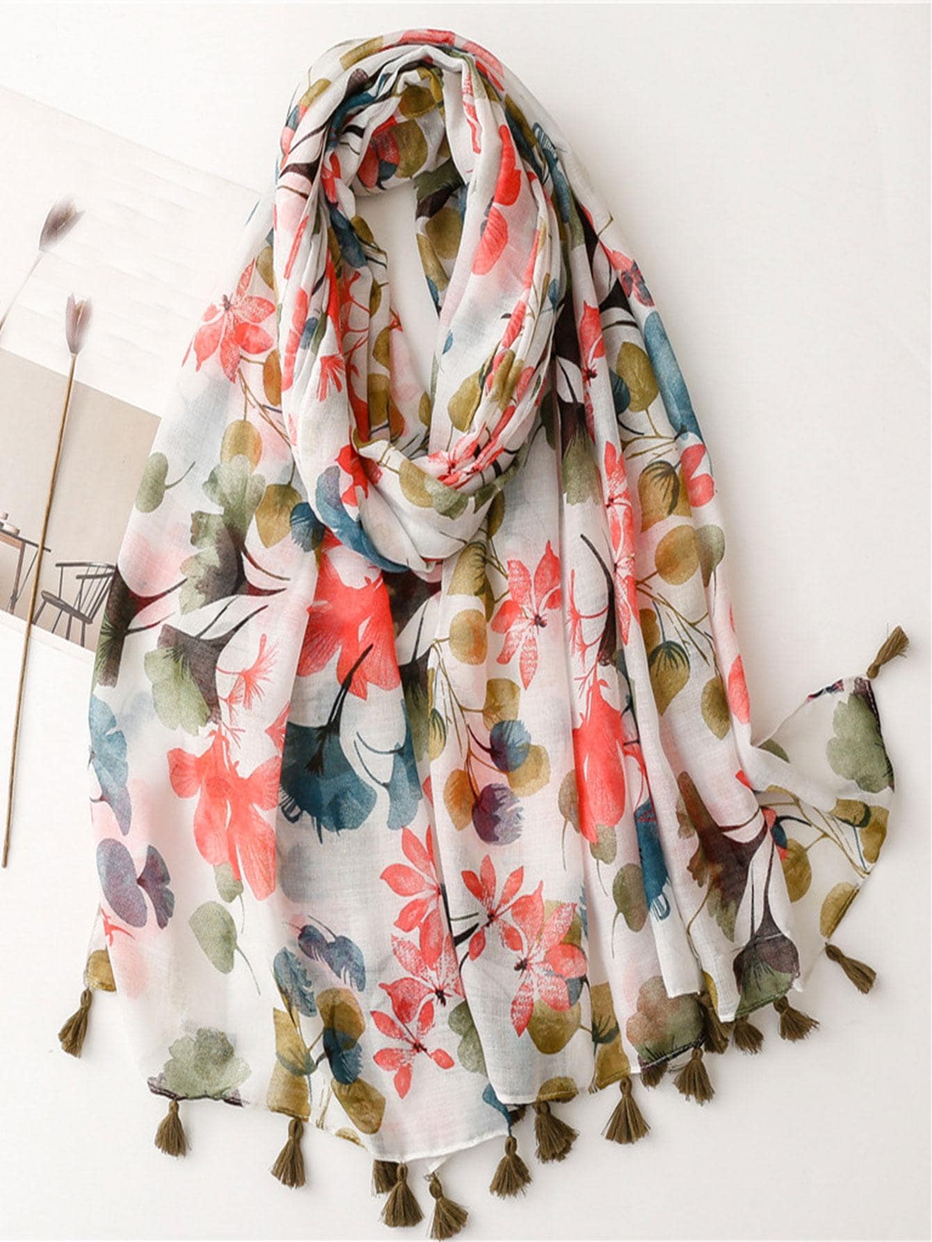 1入組女士花和葉子圖案防曬時尚圍巾適用於日常生活 - 彩色 - 查看 1
