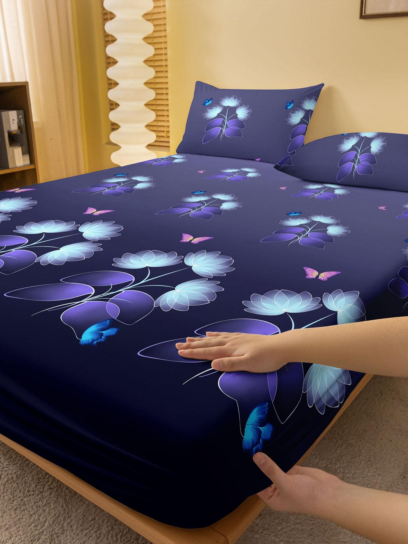 Sábana ajustable con patrón de mariposa, moderna con banda elástica, para dormitorio - Multicolor - Ver 1