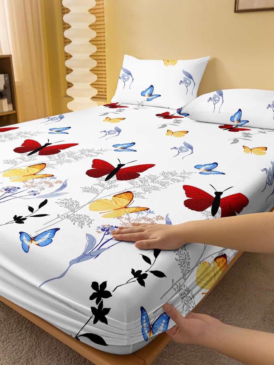 Butterfly Pattern Fitted Sheet, Modern Elastic Band Fitted Sheet, For Bedroom