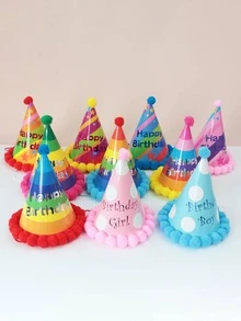 1pc Rainbow Striped Pattern Pom Pom Decor Party Hat, Paper Headwear, For Birthday Party - Yellow - View 3