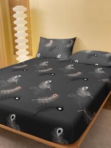 Feather Pattern Fitted Sheet, Modern Elastic Band Fitted Sheet, For Bedroom