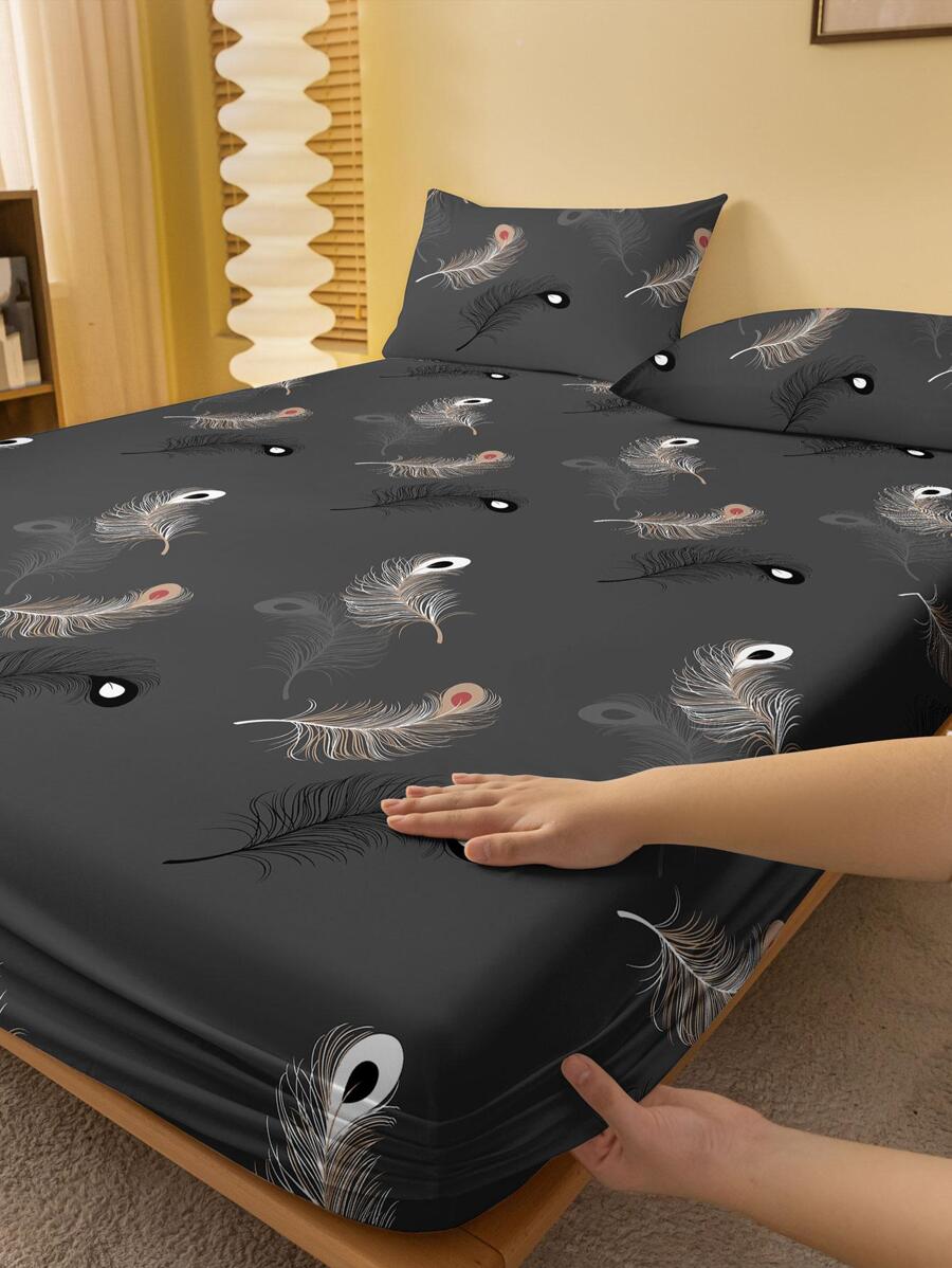 Feather Pattern Fitted Sheet, Modern Elastic Band Fitted Sheet, For Bedroom