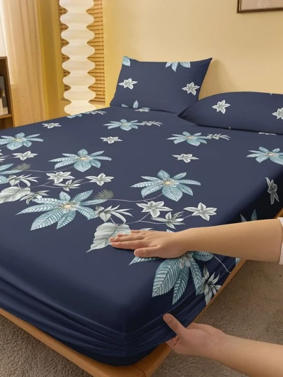 Leaf Pattern Fitted Sheet, Modern Elastic Band Fitted Sheet, For Bedroom