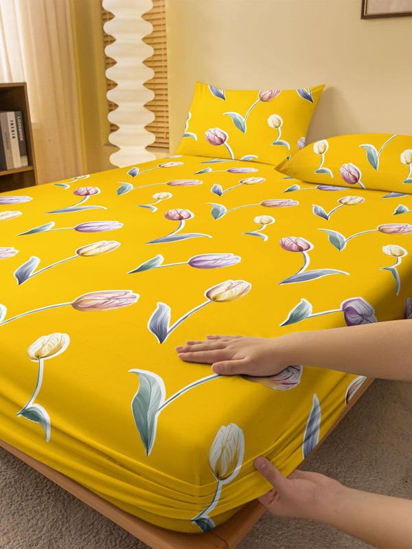 Tulip Pattern Fitted Sheet, Modern Elastic Band Fitted Sheet, For Bedroom