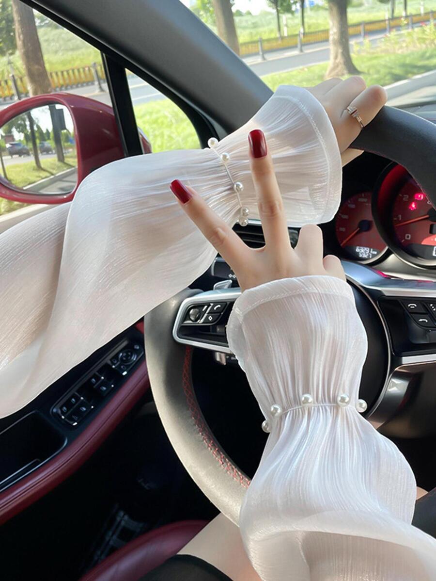 1對女士人造珍珠裝飾優雅袖套適用於戶外 - 白色 - 查看 1