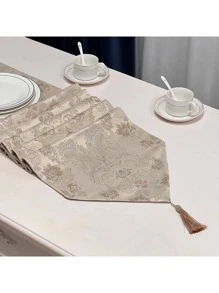 1入組花卉提花流蘇裝飾桌旗米色滌綸餐桌裝飾襯墊適用於餐桌 - 米色 - 查看 4