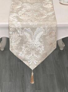 1入組花卉提花流蘇裝飾桌旗米色滌綸餐桌裝飾襯墊適用於餐桌 - 米色 - 查看 2