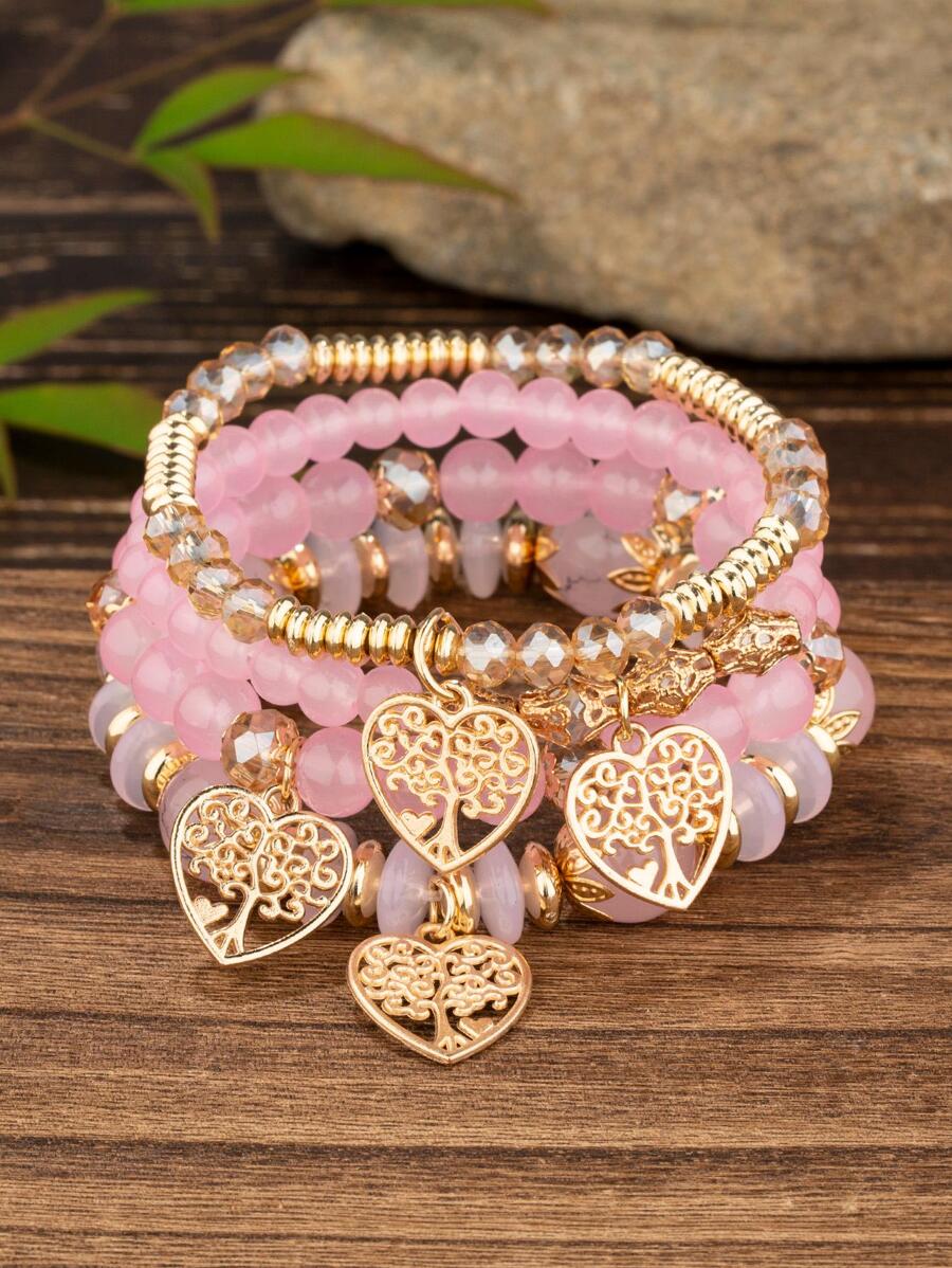 4 piezas/set Pulsera con cuenta árbol detalle con accesorio de corazón